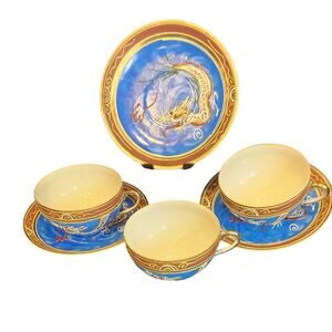 3 sets Japanese Blue Moriage Kutani Dragonware Handpainted Teacup Hidden Geisha